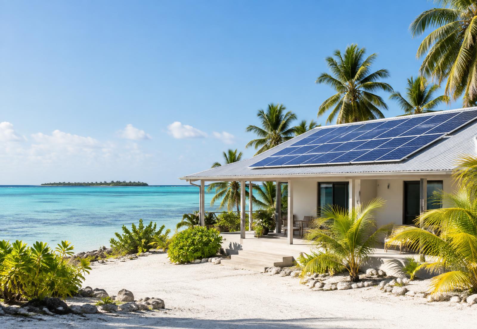 Solar panels on a tropical island home beside a lagoon